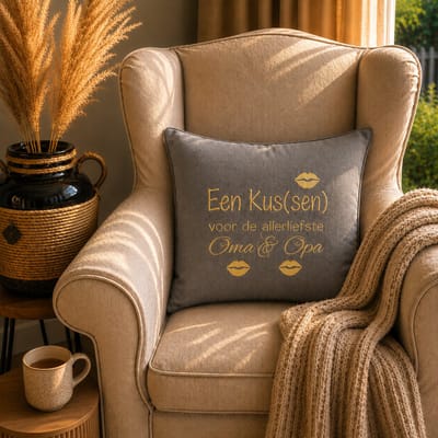 Kussen Kussenhoes met vulling grappige tekst cadeau voor | een kussen voor de allerliefste opa en oma | grijs met opdruk wit | 50x50 cm | plekje moederdag vaderdag verjaardag vader moeder  hoera jullie worden | tekstbord ouders