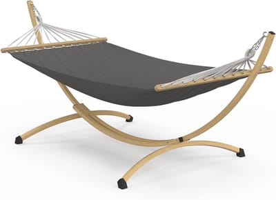 Hangmat XL - Schommelmat Canvas - Ontspannen in de tuin - Met metalen standaard - 295 x 103 cm - Grijs