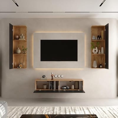 TV Meubel Set 140 cm + 2 Zijkasten 40x130x17 cm & Lowboard 140x30x37.8 cm – Zwevend en Staand TV Wandmeubel Modern Design Gold Oak / Antraciet
