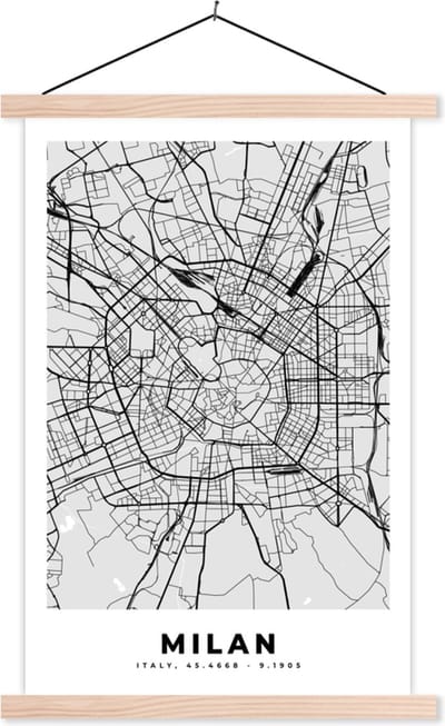 Posterhanger incl. Poster 40x60 cm - Schoolplaat - Milaan - Stadskaart - Zwart Wit - Plattegrond - Kaart - Textielposter - Blanke latten - Stadskaart