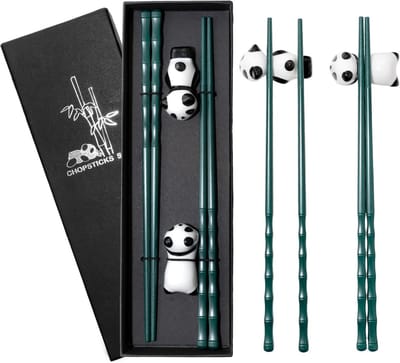Eetstokjes Set Bamboe met Schattige Panda Stokjeshouders - Cadeauverpakking