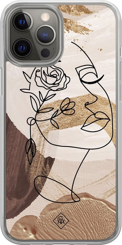Casimoda® hoesje - Geschikt voor iPhone 12 Pro - Abstract Gezicht Bruin - 2-in-1 case - Schokbestendig - Geometrisch patroon - Verhoogde randen - Bruin/beige, Transparant