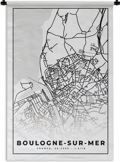 Wandkleed - Wanddoek - Kaart – Stadskaart – Frankrijk – Plattegrond - Boulogne-sur-Mer - Zwart wit - 120x180 cm - Wandtapijt