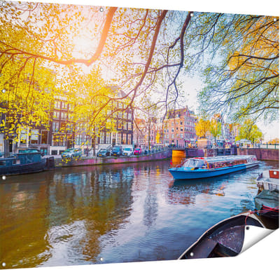 Gards Tuinposter Amsterdamse Gracht tijdens het Voorjaar - 150x120 cm - Tuindoek - Tuindecoratie - Wanddecoratie buiten - Tuinschilderij