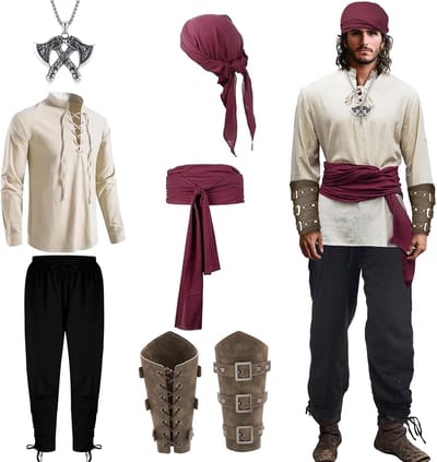 Compleet middeleeuws kostuum voor mannen, inclusief shirt, broek, riem en accessoires voor carnaval, cosplay en Halloween evenementen