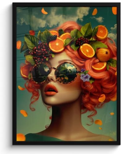 Poster in lijst - Fotolijst 50x70 cm - Posters - Vrouw - Sinaasappel - Bessen - Oranje - Posterlijst zwart - Decoratie - Wanddecoratie woonkamer - Muurdecoratie slaapkamer