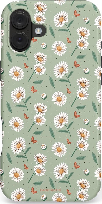 Casetastic hoesje geschikt voor Apple iPhone 16 Plus - MagSafe - Dubbellaagse bescherming - Vleugels en madeliefjes - Fashion Case - Saliegroen Lichtgrijs Wit