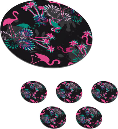 Onderzetters voor glazen - Rond - Flamingo - Patroon - Roze - Jungle - 10x10 cm - Glasonderzetters - 6 stuks
