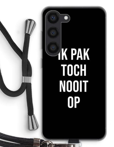 Case Company® - Hoesje met koord geschikt voor Samsung Galaxy S23 hoesje met Koord - Ik pak nooit op - Zwart - Telefoonhoesje met Zwart Koord - Bescherming aan alle Kanten en Over de Schermrand