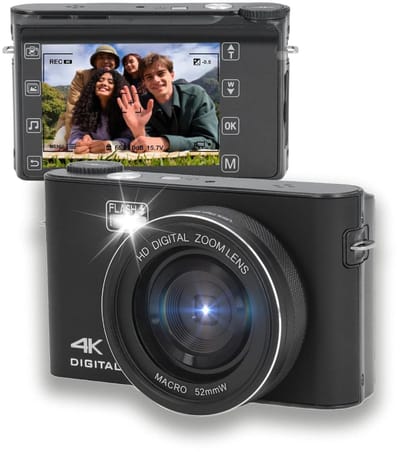 64MP 4K digitale camera voor vloggen en fotografie, 3" touchscreen met 18x ​​zoom, webcam en draagbare reiscamera voor kinderen, tieners en beginners - 32 GB (zwart)