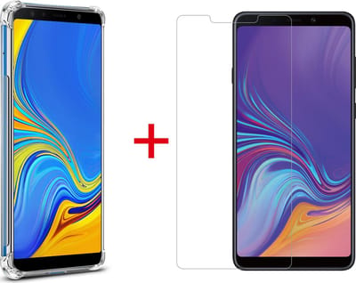HB Hoesje Geschikt voor Samsung Galaxy A9 2018 - Anti Shock Hybrid Back Cover + Tempered Glazen Screenprotector - Transparant