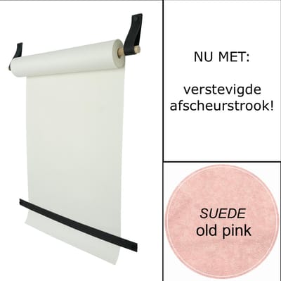 Tekenrol - aan leren lussen | SUEDE OLD PINK (Papierrol: wit) NU MET: verstevigde afscheurstrook! (wandborden - tekstborden - tekenbord)