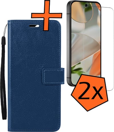 Hoes - Met 2x Screenprotector - Geschikt voor Google Pixel 9 - Luxe Pasjeshouder - Bookcase Portemonee - Flip Case - Kunstleer Book Case - Flipcase Hoes - Book Cover - Walletcase - PortemonneeHoes - Donkerblauw