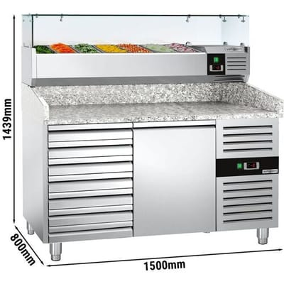 GGM Gastro Pizzakühltisch ECO - 1500x800mm - mit 1 Tür & 7 Schubladen - inkl. Kühlaufsatzvitrine - 7x GN 1/4 Zilver