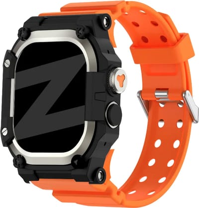 Bandz TPU bandje met case geschikt voor Apple Watch Ultra 1 / Ultra 2 / Ultra 3 - maat: 49mm - Met ingebouwde watch case - Oranje/Titanium