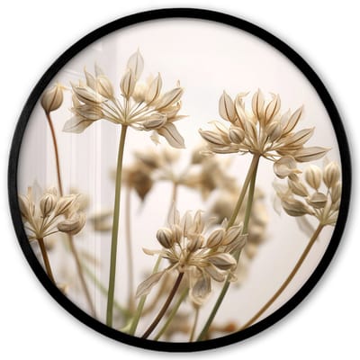 Poster in lijst Rond - Fotolijst 40x40 cm - Posters - Droogbloemen - Beige - Wit - Planten - Ronde posterlijst zwart - Decoratie - Wanddecoratie woonkamer - Muurdecoratie slaapkamer