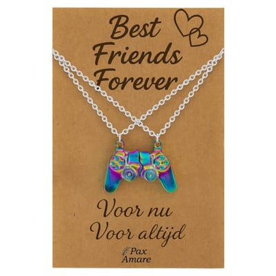 BFF Ketting voor 2 'Best Friends Forever' - Magnetische Controller - Vriendschapsketting op Cadeau Kaartje - 45cm + 5cm verstelbaar - Zilverkleurig met Regenboog effect - Best Friends Hanger - Pax Amare