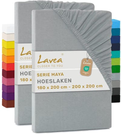 Lavea® Set van 2 Hoeslakens 180x200 cm – 100% Zacht en Ademend Katoen – voor Dikke Matrassen tot 20 cm – Jersey met Elastiek rondom – Zilver