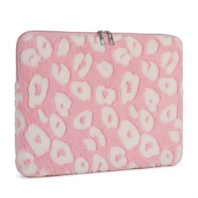 Khaki pluche laptophoes dames met hartjes patroon en ritssluiting – zachte laptophoes geschikt voor 13 inch notebook en tablet