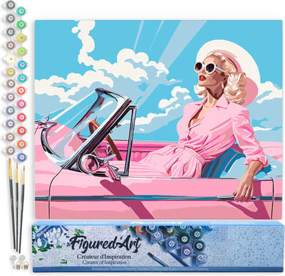 Figured'Art Schilderen op Nummer Volwassenen canvas Diva in een Roze Retro Auto- Handwerk acrylverf Kit DIY Compleet - 40x50cm zonder frame