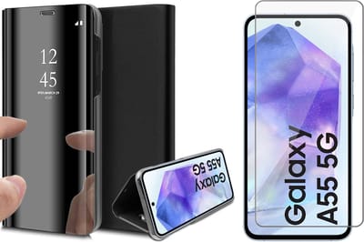 Hoesje geschikt voor Samsung Galaxy A55 - Screenprotector Glas - Spiegel Book Case Zwart