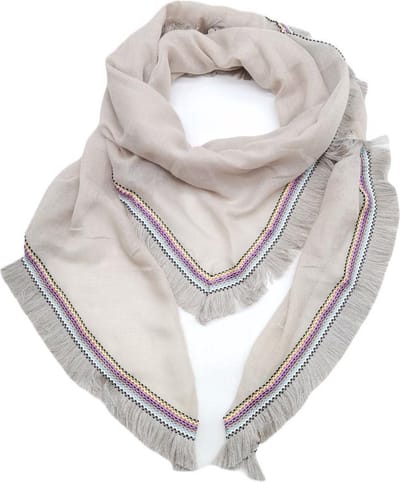 Driehoekige sjaal Donya effen taupe kaki met fantasierand Ibiza style
