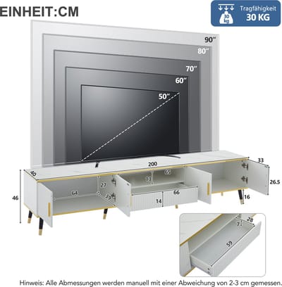 HAUSS SPOLE TV meubel - Modern TV-meubel met Marmor-Optiek, 3 Schubladen en Kabelmanagement - Voor televisies tot 90 inch - Voor woonkamer en slaapkamer - 200x40x46 cm - Spaanplaat - Wit