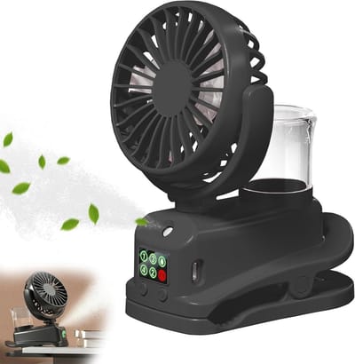 Clip-On Cooling Ventilator - Ventilator Met Waternevel - 4 Standen - Draagbare Mini Ventilator - Mini Fan - Waaier - Luchtbevochtiger - Mini Airco - Draadloze Tafelventilator - 800MAH USB Oplaadbaar - Voor Thuiskantoor, Reizen, Buiten - Zwart