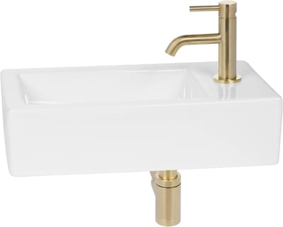 Fonteinset Goud - Keramiek Kraan - Badkamer Vernieuwen - Rechter Uitloop - Wit Glanzend