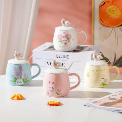 Eenvoudige Cartoon Schattig Konijn Keramische Kop met Deksel Lepel Mok Huishoudset Creatieve Persoonlijkheid Waterkop voor Meisjes 420ML white