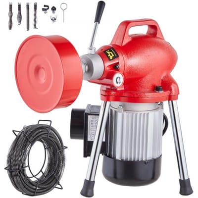 VEVOR Rioolreinigingsmachine 20,8 m x 1,6 cm, 250 W elektrische rioolreinigingsmachine met handmatige invoer - met 2 stalen kabels, 7 snijmessen en CW/CCW-regeling voor buizen van 4 tot 10 cm
