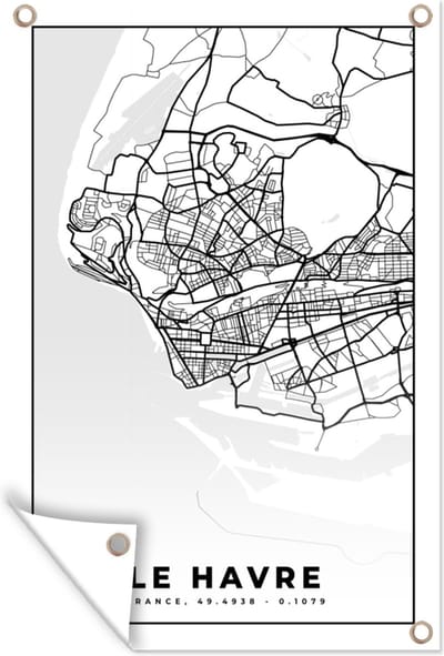 Muurdecoratie Stadskaart - Frankrijk - Le Havre - Kaart - Plattegrond - Zwart wit - 120x180 cm - Tuinposter - Tuindoek