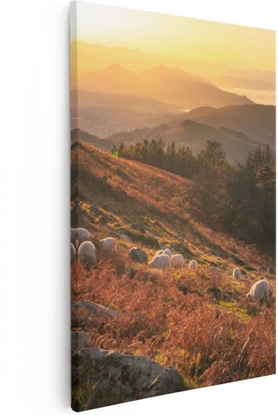 Artaza Canvas Schilderij Zonsondergang Bergen - 20x30 cm - Klein - Wanddecoratie Natuur - Muurdecoratie Schapen - Schilderijen Op Canvas
