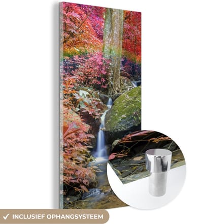 MuchoWow® Glasschilderij 20x40 cm - Schilderij acrylglas - Regenboog - Waterval - Bomen - Stenen - Mos - Foto op glas - Schilderijen