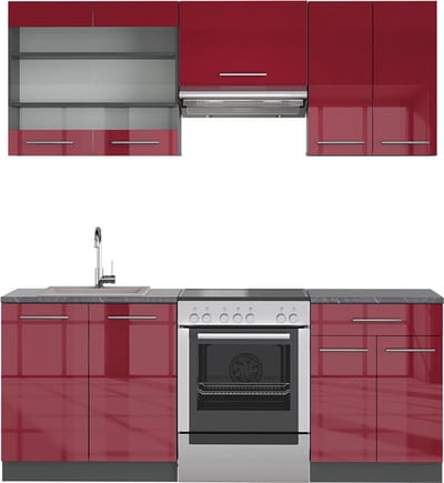 Vicco Fame-Line Complete keukeneenheid – 200 cm, WB Antraciet Bordeaux hoogglans/antraciet