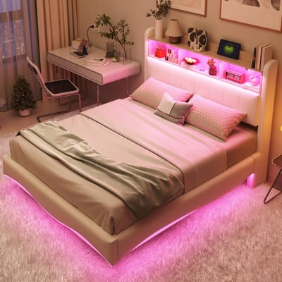 STILVORA Gestoffeerd Bed 140x200cm – Zwevend Ontwerp – LED-Kleurwissel & USB/Type-C – Hoofdeinde-Opbergruimte – Stof – Beige – Zonder Matras