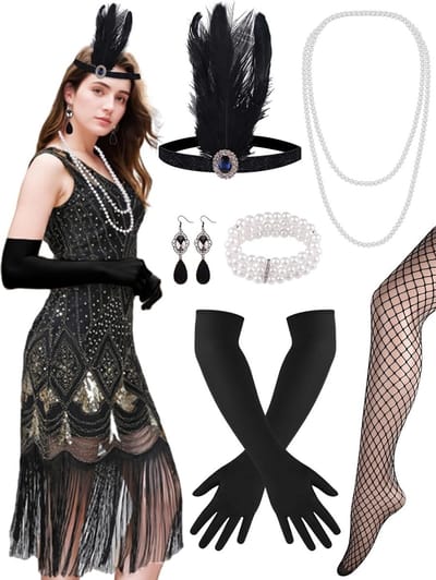 1920s Flapper Jurk met Pailletten, Parels en Franje - Compleet Accessoireset voor Feestjes
