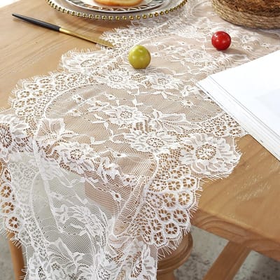 Thijox - 2 stuks witte kanten tafellopers 36 x 300 cm, tafeldecoratie voor bruiloft, babyshower, feest, keuken, eetkamer, vakantie