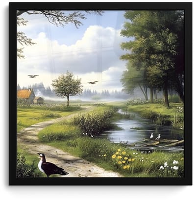 Poster in lijst - Fotolijst 40x40 cm - Posters - Zandpad - Groen landschap - Water - Posterlijst zwart - Decoratie - Wanddecoratie woonkamer - Muurdecoratie slaapkamer