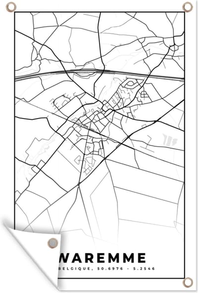 Muurdecoratie Zwart Wit – België – Plattegrond – Stadskaart – Kaart – Waremme - 120x180 cm - Tuinposter - Tuindoek