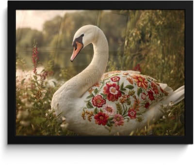 Poster in lijst - Fotolijst 40x30 cm - Posters - Zwaan - Bloemen - Natuur - Posterlijst zwart - Decoratie - Wanddecoratie woonkamer - Muurdecoratie slaapkamer