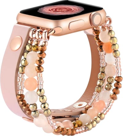 Stravo Boho Stijl Kralen Armbandje Geschikt voor Apple Watch 42mm (Series 11/10), 41mm (Series 9/8/7), 40mm (Series 6/5/4/SE 1/2/3), 38mm (Series 3/2/1) - Roze - Handgemaakt Elastisch Dames Horlogebandje - Elegante Kralen Bandje