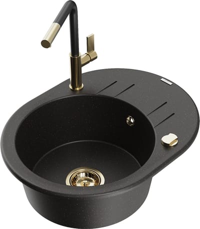 Mexen Kevin granieten gootsteen 1-kompartment met afdruiprek en keukenkraan Flora, zwart/gouden metallic - 6517-75-670401-57-G