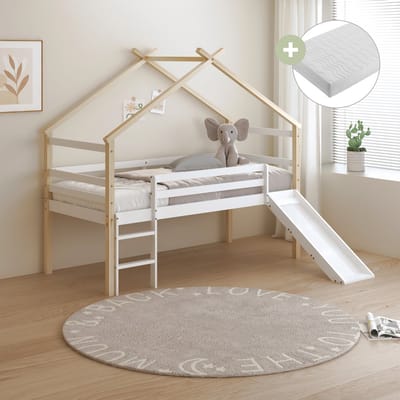 Sunny River Halfhoogslaper – Met Glijbaan – Met Uitvalbeveiliging en rechte ladder - Bedhuisje – 213 x 97 x 183 cm – Peuterbed Meisjes en Jongens – FSC 100% Hout – Huisbed 90x200 - Met Lattenbodem – Kinderbed - Inclusief Matras – Naturel/wit
