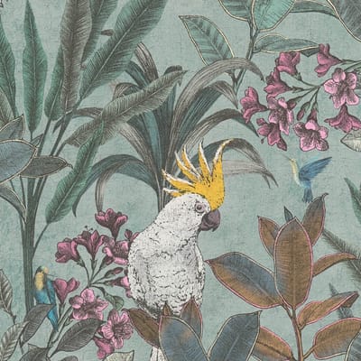 Vogels behang Profhome 397482-GU vliesbehang hardvinyl warmdruk in reliëf licht gestructureerd in jungle stijl mat groen blauw zuurstokroze geel 5,33 m2