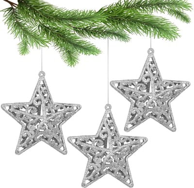 Zilveren kerststerren kerstballen, set opengewerkte kerstballen, kerstboomornamenten 10,5 cm, 3 stuks