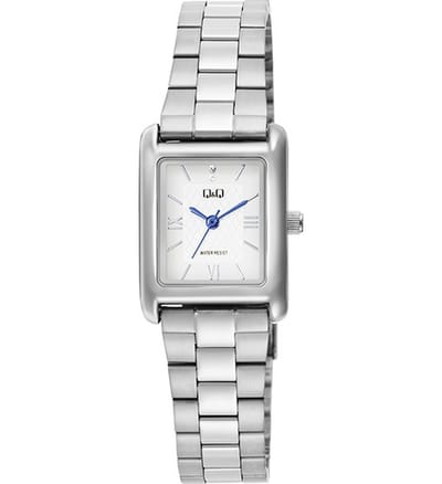 Q&Q C69A-001PY - Horloge - Polshorloge - Analoog - Dames - Vrouwen - Stalen band - Rechthoek - Metaal - Streepjes - Romeinse Cijfers - Zilverkleurig - Wit