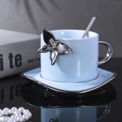 Tasse à café et soucoupe papillon de style européen, luxe léger, design de niche, tasse en céramique ménagère, tasse à thé de l'après-midi 250ml gray