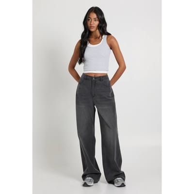 boohoo Dames Lange mid-waist losvallende jeans met wijde pijpen | Washed Black | Maat: 34