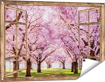 Gards Tuinposter Doorkijk Roze Bloesembomen Park - Bloemen - 90x60 cm - Tuindoek - Tuindecoratie - Wanddecoratie buiten - Tuinschilderij